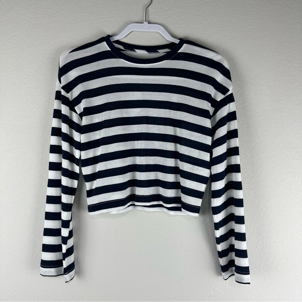 NEW Madewell Dark Navy Blue White Stripe Drop Shoulder Pullover Crop Tee XXS